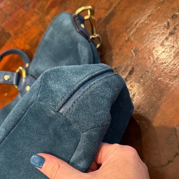 Coach Dark Teal Suede Shoulder Bag with Gold Hardware - Picture 14 of 16